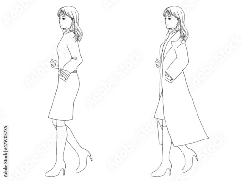 冬服の女性の線画セット