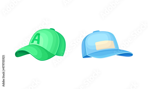 Green and blue baseball caps set vector illustration on white background
