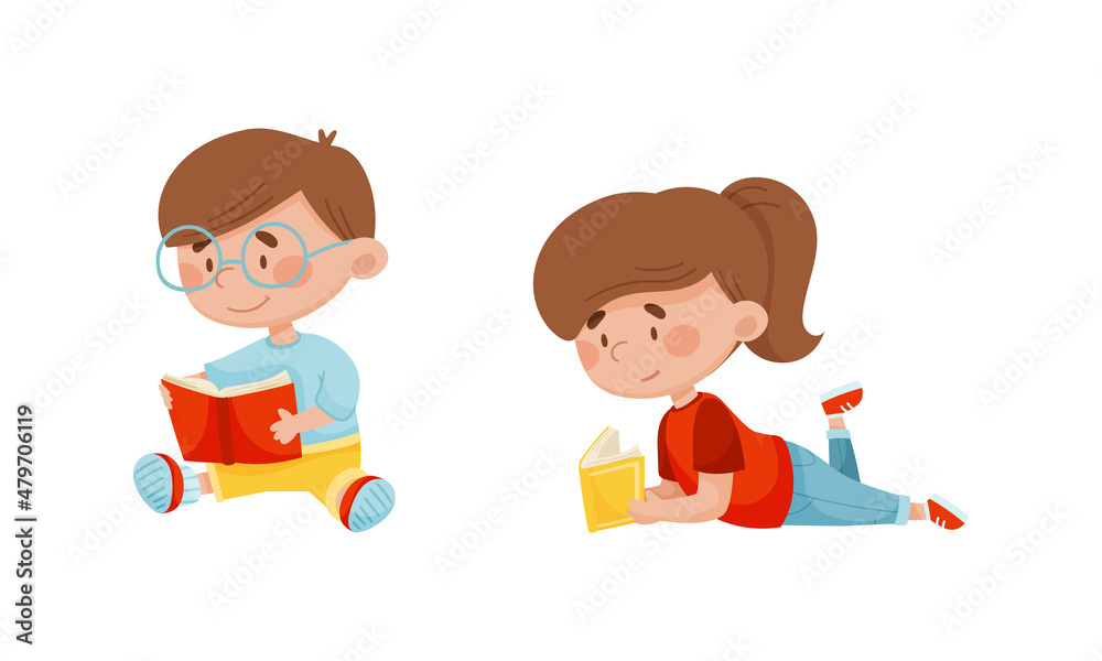 Cute smart boy and girl reading book set. Elementary school students with books. Kids education cartoon vector illustration Cute smart boy and girl reading book set. Elementary school students with books. Kids education cartoon vector illustration