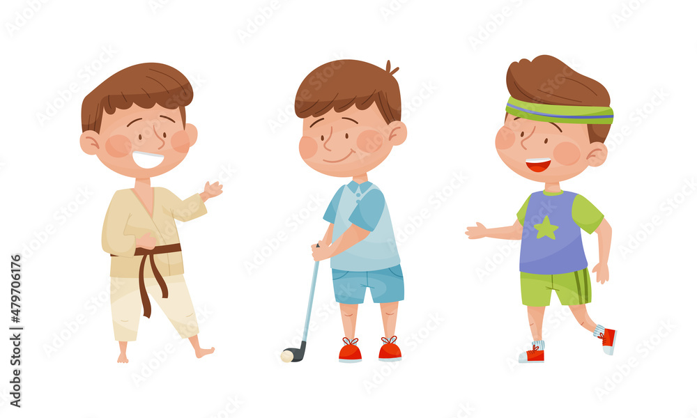 Cute kids playing various sports set. Boys practicing karate, golf and running cartoon vector illustration Cute kids playing various sports set. Boys practicing karate, golf and running cartoon vector illustration