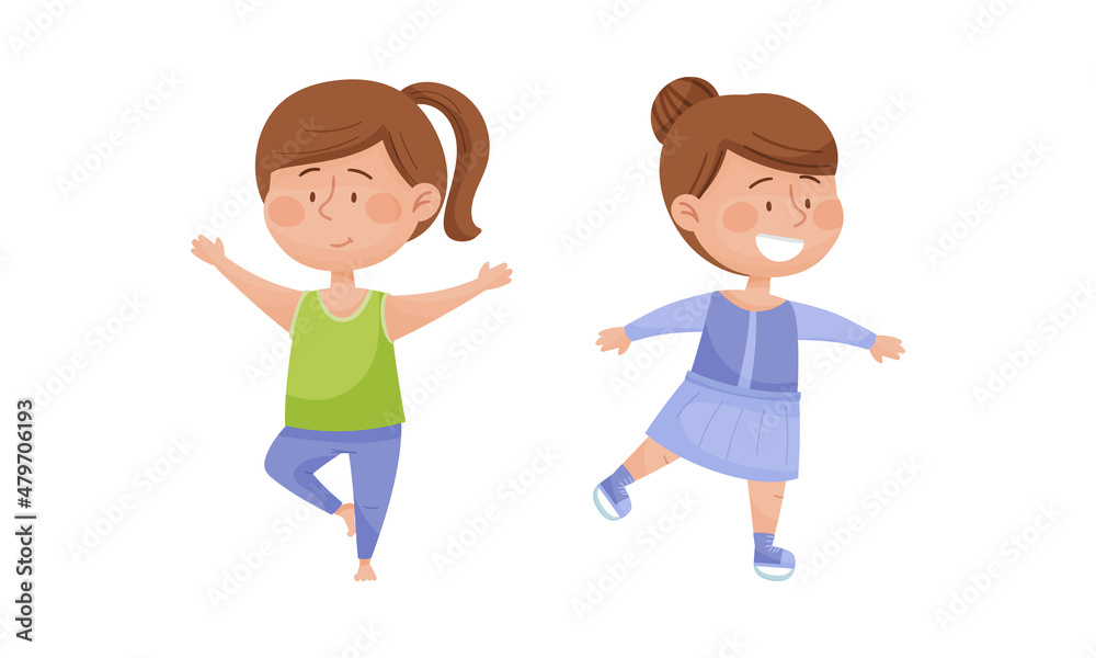 Kids doing sports set. Little girls skating and practicing yoga. Children physical activity cartoon vector illustration Kids doing sports set. Little girls skating and practicing yoga. Children physical activity cartoon vector illustration
