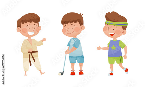 Cute kids playing various sports set. Boys practicing karate, golf and running cartoon vector illustration