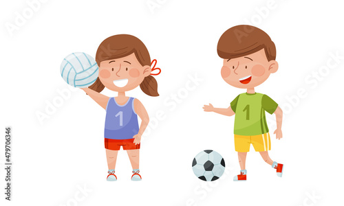 Cute kids playing various sports set. Little boy and girl playing volleyball and soccer cartoon vector illustration