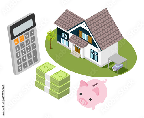Buying a home concept art - house and money, isometric view
