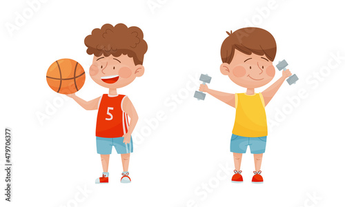 Cute kids playing various sports set. Little boy playing basketball and exercising with dumbbells cartoon vector illustration © Happypictures