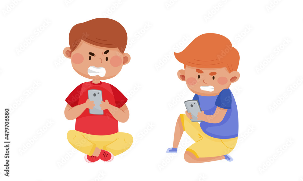 Angry boys using mobile phones. Internet and smartphone addiction cartoon vector illustration