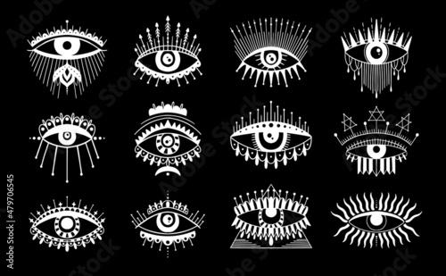 Evil Seeing eye symbol set. Occult mystic emblem, graphic design tattoo. Esoteric sign alchemy, decorative style, providence sight.