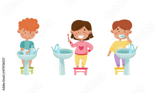 Cute happy kids daily routine set. Children washing their hands with soap and brushing their teeth cartoon vector illustration