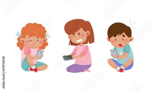 Upset and angry kids using mobile phones. Internet and smartphone addiction, cyberbullying cartoon vector illustration