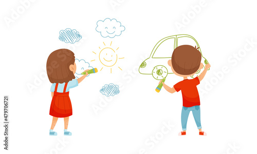 Cute kids painting drawings on wall. View from behind of little boy and girl with crayons cartoon vector illustration