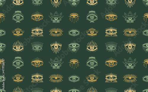 Evil Seeing eye symbol seamless pattern. Occult mystic emblem, graphic design tattoo. Esoteric sign alchemy, decorative style, providence sight.