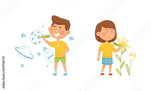 Happy kids drawing with color crayons on wall cartoon vector illustration