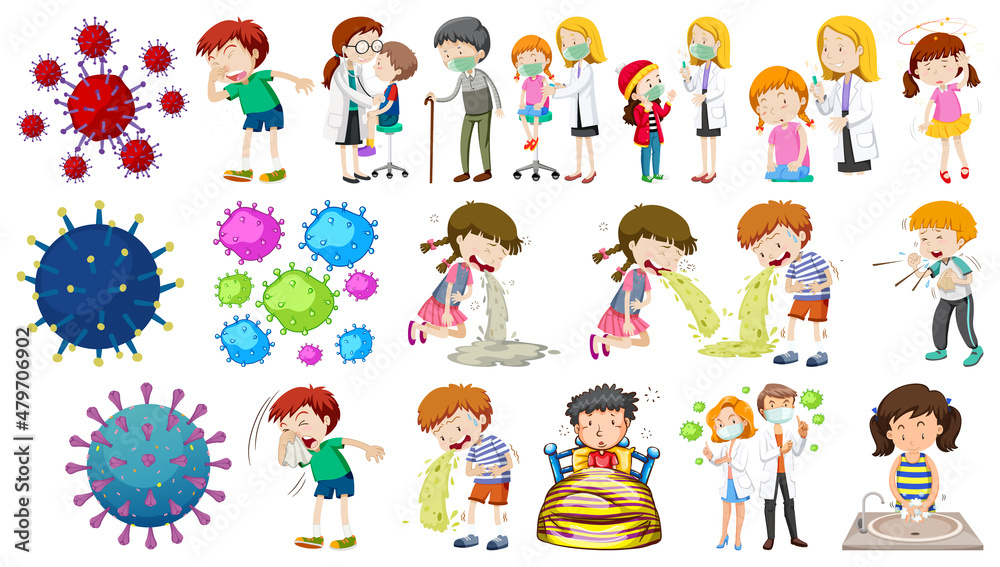 Set of sick people with different symptoms Set of sick people with different symptoms