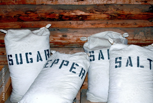 Billede på lærred Sacks of cooking supplies in a country general store i