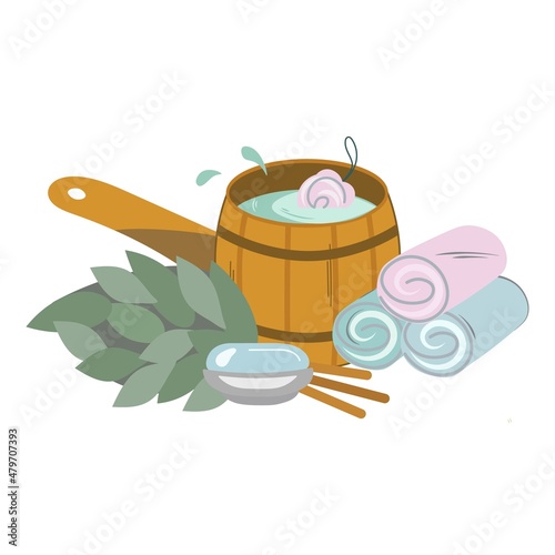 Cartoon set of bath and sauna accessories, spa treatments. Hygiene products. Birch broom, soap, bath with water, towels, washcloth. Folk remedies for health improvement. Vector flat isolated design.