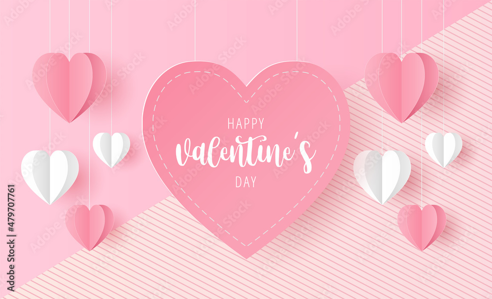 Paper cut of Happy Valentine's Day text on pink heart with origami paper heart shape on pastel color background for greeting card, banner, poster