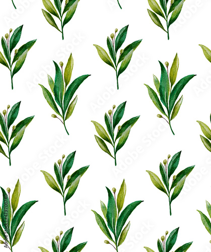 Watercolor greenery floral pattern. Green leaves background 