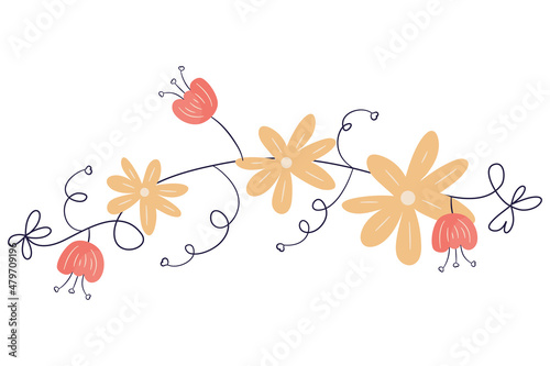 Garland for valentines day with heart and flowers.Romantic decoration for decoration with leaves and bows. Vector illustration in flat handdrawn style