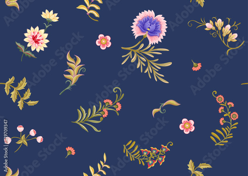 Fantasy flowers in retro, vintage, jacobean embroidery style. Seamless pattern on blue denim background. Vector illustration.