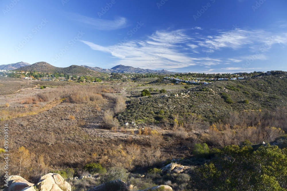 Scenic Landscape View of San Dieguito River Park, Green Marsh and Lake Hodges on Piedras Pintadas or Painted Rocks Hiking Trail. Escondido San Diego County Inland Southern California USA
