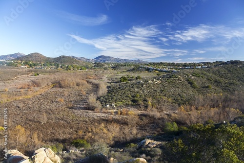 Scenic Landscape View of San Dieguito River Park, Green Marsh and Lake Hodges on Piedras Pintadas or Painted Rocks Hiking Trail. Escondido San Diego County Inland Southern California USA photo