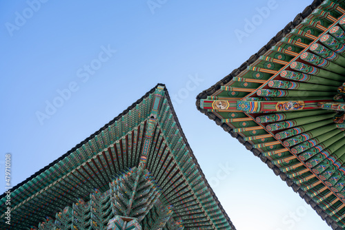 Traditional Korean Temple Architecture Decoration and Blue sky. South Korea. 전통, 조계사, 사찰, 절, 단청