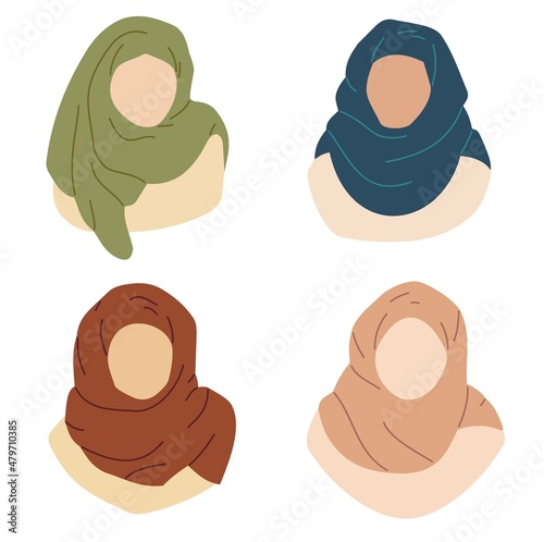 Set of woman faces with hijab on the head. Collection of women avatar in modern flat hand drawn design with line art. Vector illustration. Bundle Isolated elements of muslim, islamic tradition.