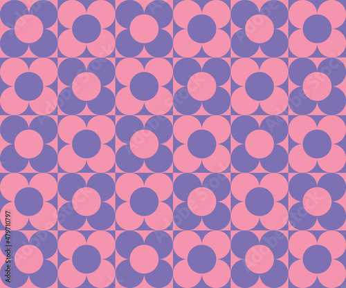 Checkerboard seamless pattern with geometric shaped flowers. Colorful vector background in retro style. Vintage hippie aesthetic, 60s, 70s