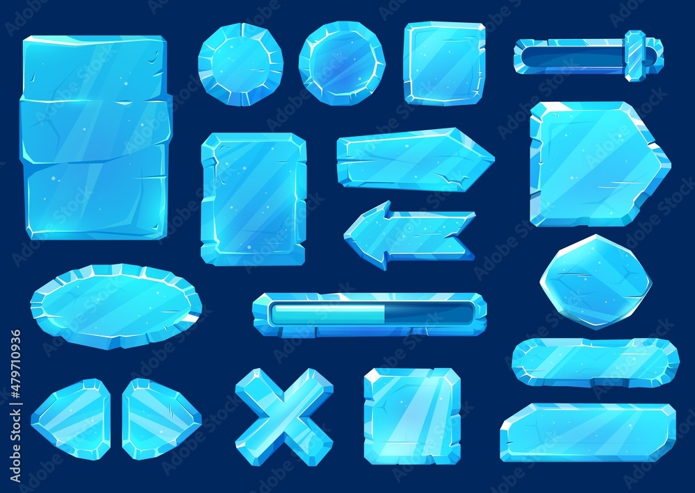 Ice crystal user panel interface buttons, sliders, arrows and keys game asset ui set. Blue iced vector menu azure textured blocks, gui frozen cartoon 2d life, loading bar, cross and plaques - obrazy, fototapety, plakaty 