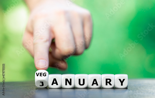 Symbol for the Veganuary, a vegan lifestyle for the month of January. Hand turns dice and changes the word January to Veganuary.