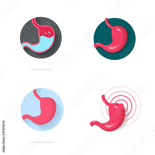 Stomach healthy icon vector and abdomen esophagus illness ache and pain or diarrhea disease 3d and flat cartoon illustration, medical digestion care logo idea, gastritis stomachache healthcare symbol