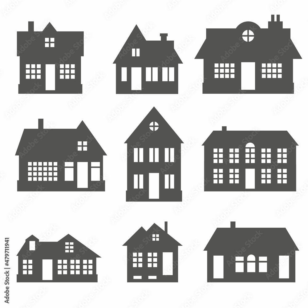 Silhouette of cottages in neighborhood. Set of houses on suburban street. Countryside cottage homes. Glyph vector illustration.