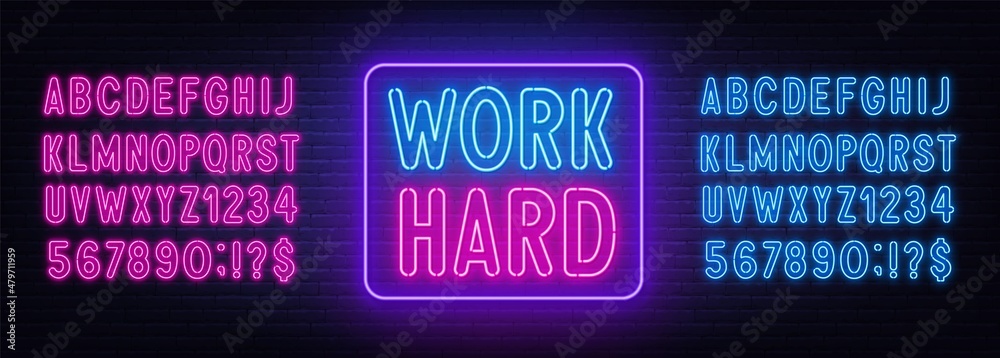 Work Hard neon lettering on brick wall background. - obrazy, fototapety, plakaty 