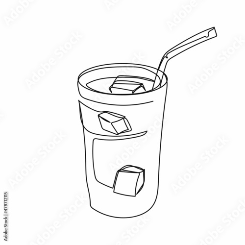Continuous one simple single abstract line drawing of glass of tasty iced coffee icon in silhouette on a white background. Linear stylized.