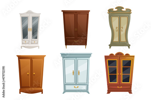 Collection of different cabinets and cupboards in classic style cartoon vector illustration. Wooden wardrobes, old fashioned furniture, vintage stuff isolated on white background. Interior concept