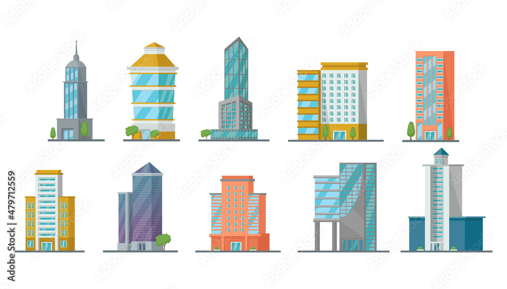 Office city buildings of different shapes cartoon vector illustration set. Real estate, business towers, skyscrapers, apartment buildings isolated on white background. Cityscape urban downtown concept