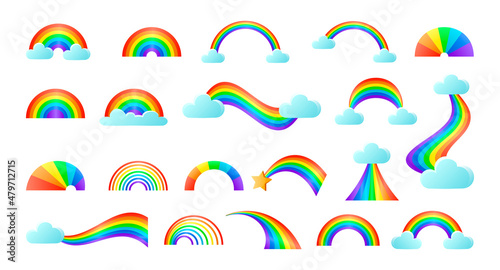 Cute rainbow stickers set. Vector illustrations of childish colorful arcs. Cartoon different shapes of curve rainbows with hearts and clouds in sky isolated on white. Weather  fairytale concept