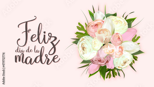Mother's day greeting card template. print-ready postcard mockup. Inscription in Spanish: Happy Mother's Day. Flyer congratulations on international women's day. Banner layout