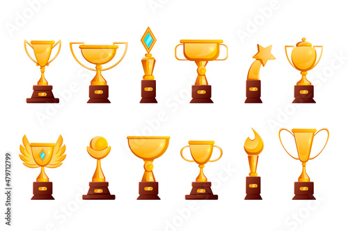 Gold award cups for winners and heroes set. Vector illustrations of champions golden trophy. Cartoon sport game reward, best movie prize, luxury goblet isolated on white. Victory, triumph concept