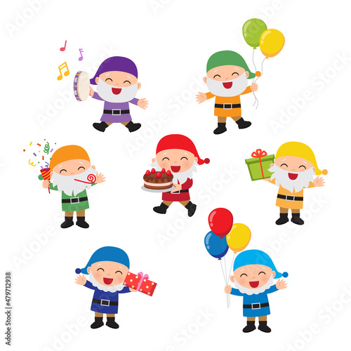 Cute colorful dwarfs celebrating birthday party with balloons and presents. Flat vector cartoon design