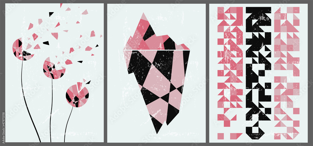 A set of three colorful aesthetic geometric backgrounds. Minimalist social media posters, cover designs, web, home decor. Vintage pink illustrations with plants, shapes, rock, lines, rectangles. A set of three colorful aesthetic geometric backgrounds. Minimalist social media posters, cover designs, web, home decor. Vintage pink illustrations with plants, shapes, rock, lines, rectangles.
