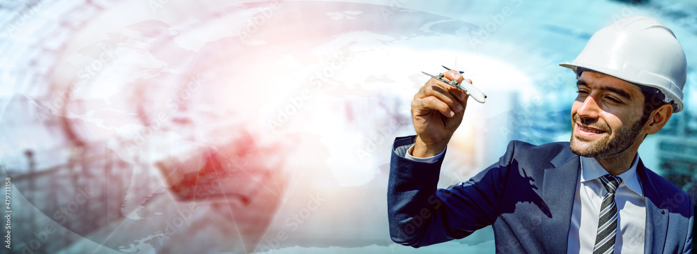 Aircraft engineer concept, Caucasian male holding toy plane. Aircraft engineer concept, Caucasian male holding toy plane.
