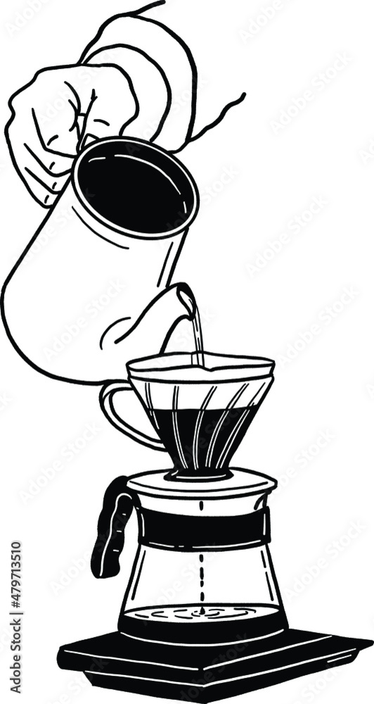 Drip coffee Pour over coffee Slow bar Cafe Hand drawn Line art