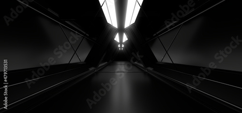 Fototapeta Naklejka Na Ścianę i Meble -  A dark tunnel lit by white neon lights. Reflections on the floor and walls. 3d rendering image.