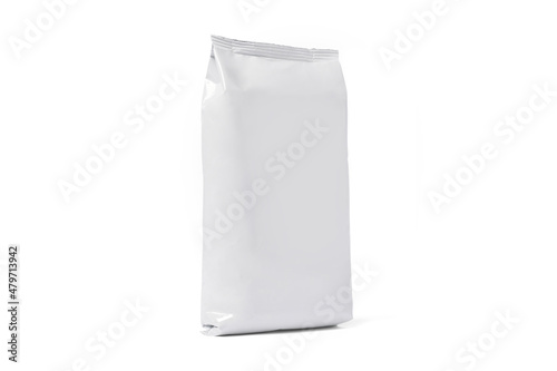 Coffee bag mockup isolated on white background. Front View. White package for tea, biscuit. Paper pouch, milk pack. Snack package blank, glossy flex box. Juice paper container. Foil bag for food.