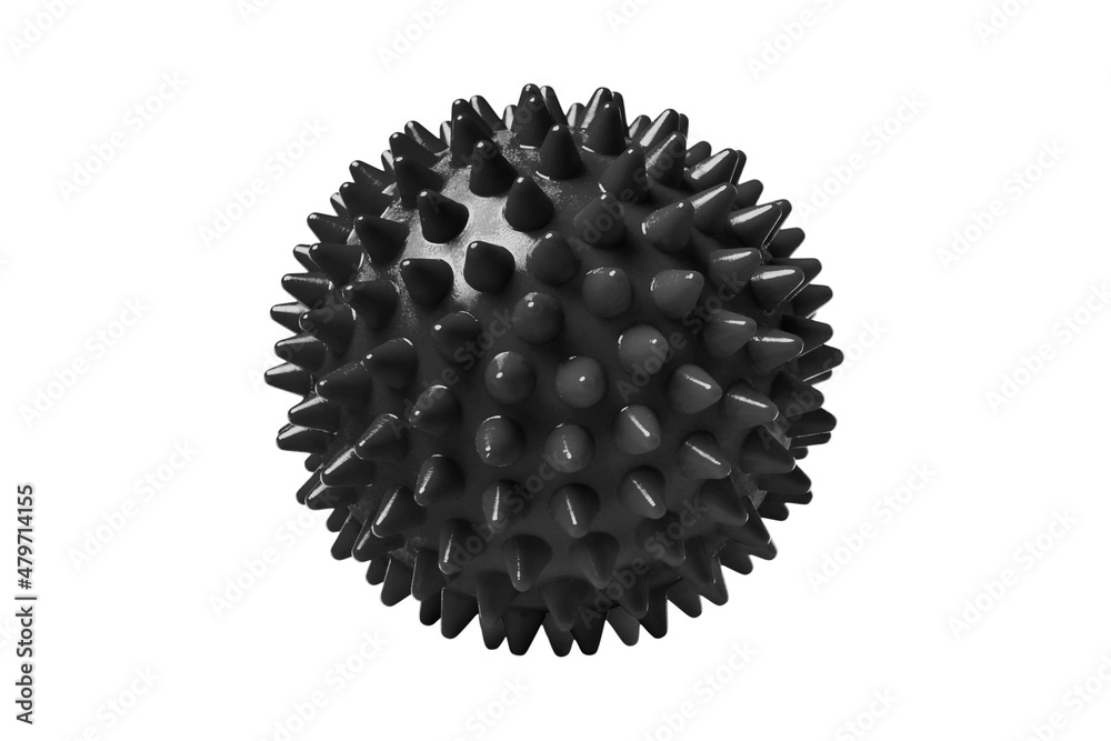 Black plastic spiny massage ball isolated on white. Concept of physiotherapy or fitness. Closeup of a colorful rubber ball for dog teeth on a white color background. Corona virus model. Black plastic spiny massage ball isolated on white. Concept of physiotherapy or fitness. Closeup of a colorful rubber ball for dog teeth on a white color background. Corona virus model.