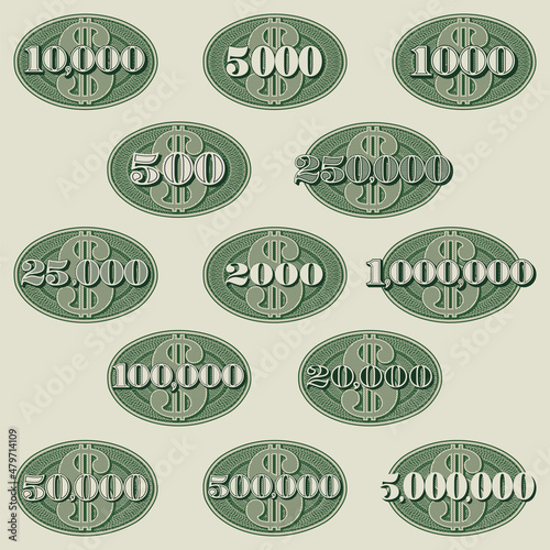 A set of signs and symbols of large vintage denominations of US dollars in an oval guilloche grid. 500 to 5 million