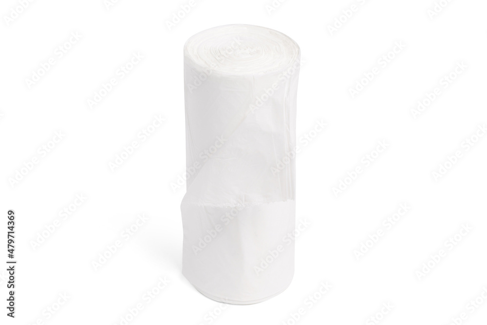 White polyethylene trash bag roll isolated on white background. Disposable packaging plastic garbage bags. White polyethylene trash bag roll isolated on white background. Disposable packaging plastic garbage bags.