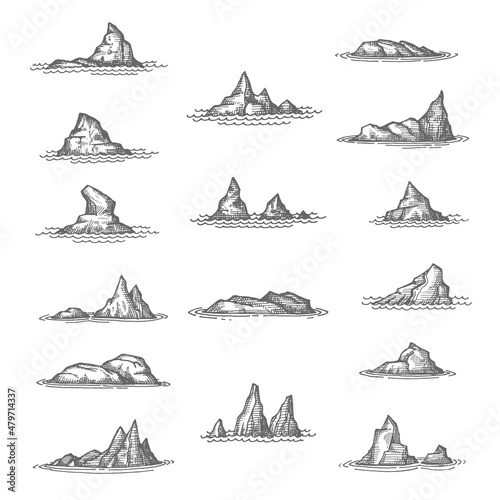 Canvas-taulu Sea rocks, rock outliers and reefs with shallows, vector sketch