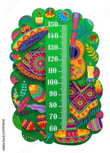 Kids height chart. Mexican guitars, sombrero, poncho and maracas vector growth meter. Altitude stadiometer for children height measurement with traditional cartoon fiesta items of Mexico and scale